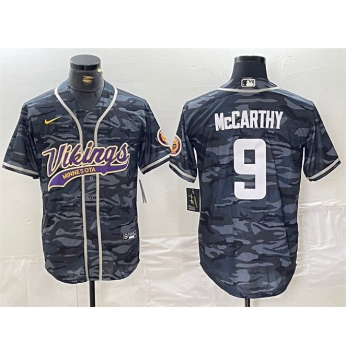 Men's Minnesota Vikings #9 J.J. McCarthy Gray Camo Cool Base Stitched Baseball Jersey