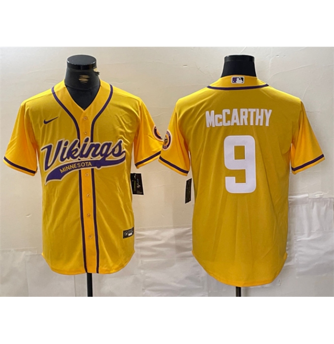 Men's Minnesota Vikings #9 J.J. McCarthy Yellow Cool Base Stitched Baseball Jersey