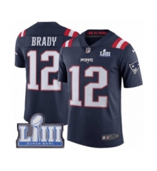 Men's Nike New England Patriots #12 Tom Brady Limited Navy Blue Rush Vapor Untouchable Super Bowl LIII Bound NFL Jersey