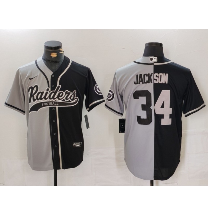 Men's Las Vegas Raiders #34 Bo Jackson Grey Black Split Cool Base Stitched Baseball Jersey