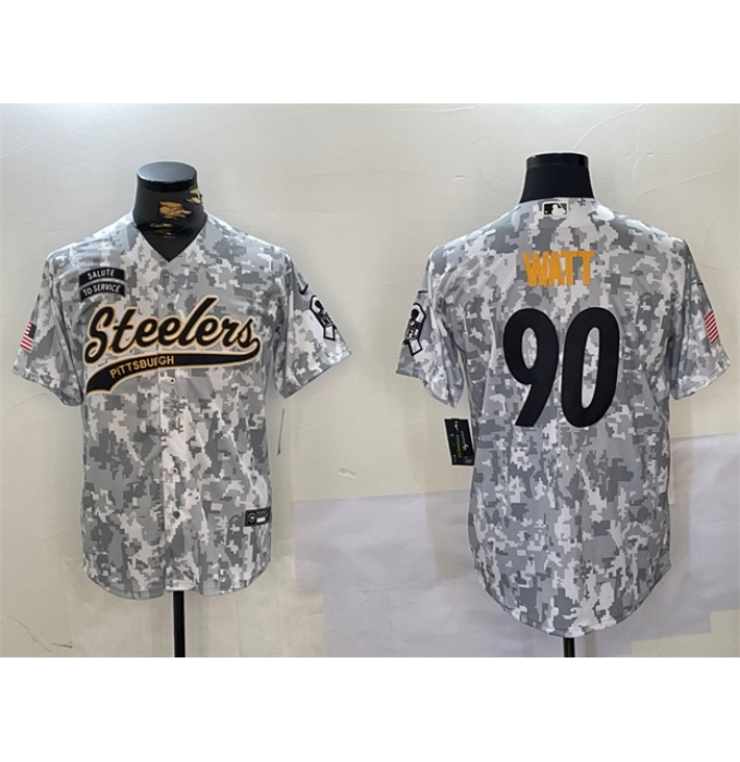 Men's Pittsburgh Steelers #90 T.J. Watt 2024 Arctic Camo Salute To Service Stitched Baseball Jersey