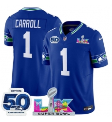 Men's Seattle Seahawks #1 Pete Carroll Royal 2025 F.U.S.E. Super Bowl LX And 50th Season Vapor Throwback Limited Football Stitched Jersey