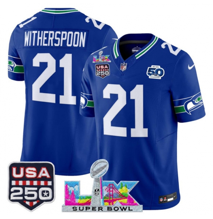 Men's Seattle Seahawks #21 Devon Witherspoon Royal 2025 F.U.S.E. Super Bowl LX And 50th Season & USA 250 Vapor Throwback Limited Football Stitched Jersey