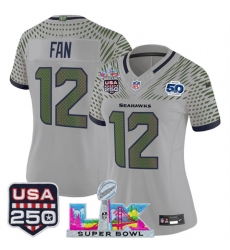 Women's Seattle Seahawks #12 Fan Gray 2025 F.U.S.E. Super Bowl LX & US 250th anniversary And 50th Season“Rivalries” Vapor Limited Football Stitched Jersey