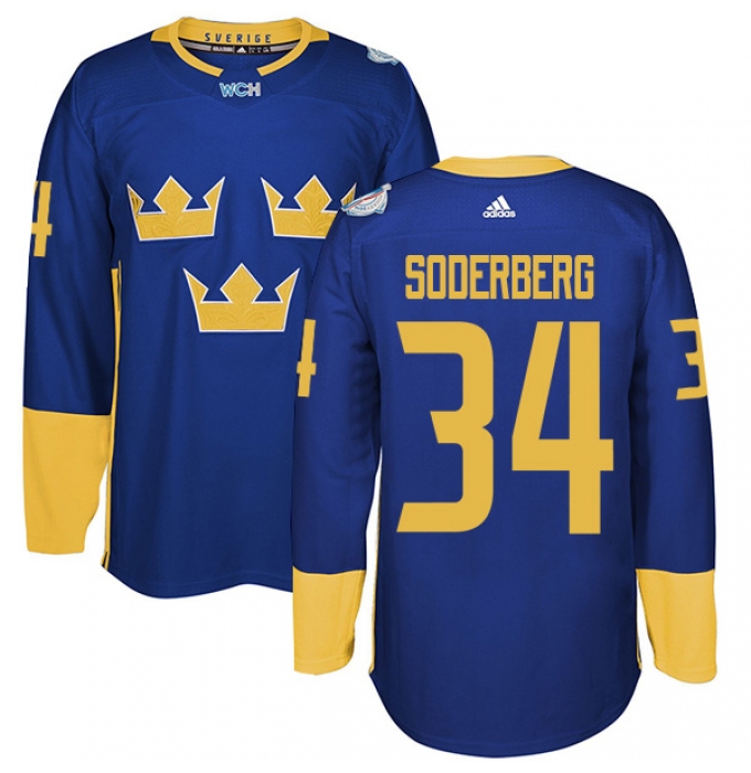 Men's Adidas Team Sweden #34 Carl Soderberg Authentic Royal Blue Away 2016 World Cup of Hockey Jersey