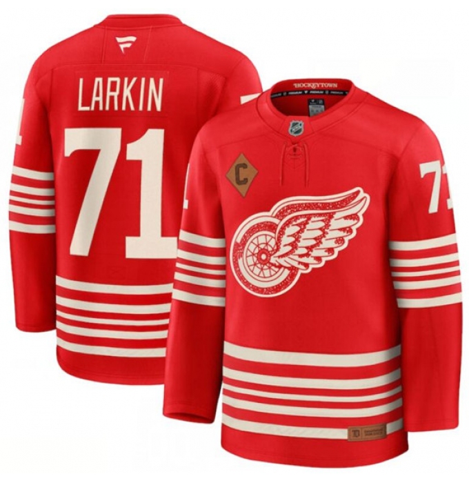 Men's Detroit Red Wings #71 Dylan Larkin Red 2025 With C Centennial Premium Stitched Jersey