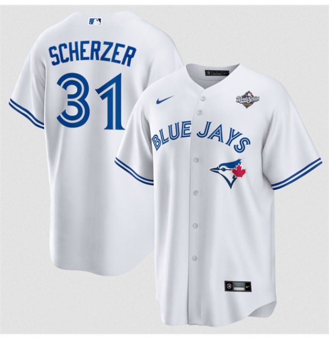 Men's Toronto Blue Jays #31 Max Scherzer White 2025 World Series Home Cool Base Stitched Jersey