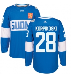 Men's Adidas Team Finland #28 Lauri Korpikoski Authentic Blue Away 2016 World Cup of Hockey Jersey