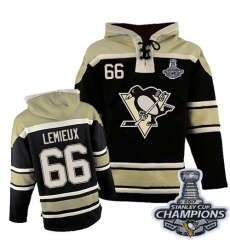Men's Old Time Hockey Pittsburgh Penguins #66 Mario Lemieux Premier Black Sawyer Hooded Sweatshirt 2017 Stanley Cup Champions