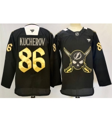 Men's Tampa Bay Lightning #86 Nikita Kucherov 2024-25 Black Gasparilla Inspired Pirate-Themed Warmup Stitched Jersey