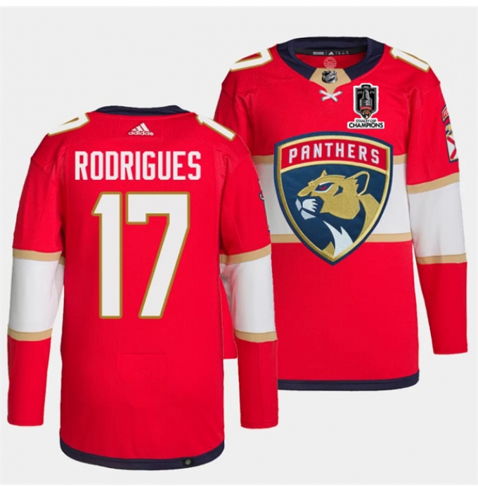 Men's Florida Panthers #17 Evan Rodrigues Red Home 2024 Stanley Cup Champions Stitched Jersey