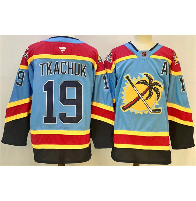 Men's Florida Panthers #19 Matthew Tkachuk Blue 2024-25 Reverse Retro With A Stitched Hockey Jersey