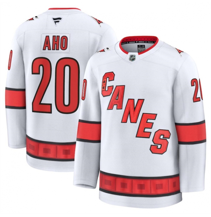 Men's Carolina Hurricanes #20 Sebastian Aho White 2024-25 Away Stitched Hockey Jersey