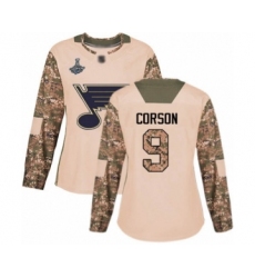 Women's St. Louis Blues #9 Shayne Corson Authentic Camo Veterans Day Practice 2019 Stanley Cup Champions Hockey Jersey