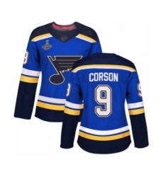 Women's St. Louis Blues #9 Shayne Corson Authentic Royal Blue Home 2019 Stanley Cup Champions Hockey Jersey