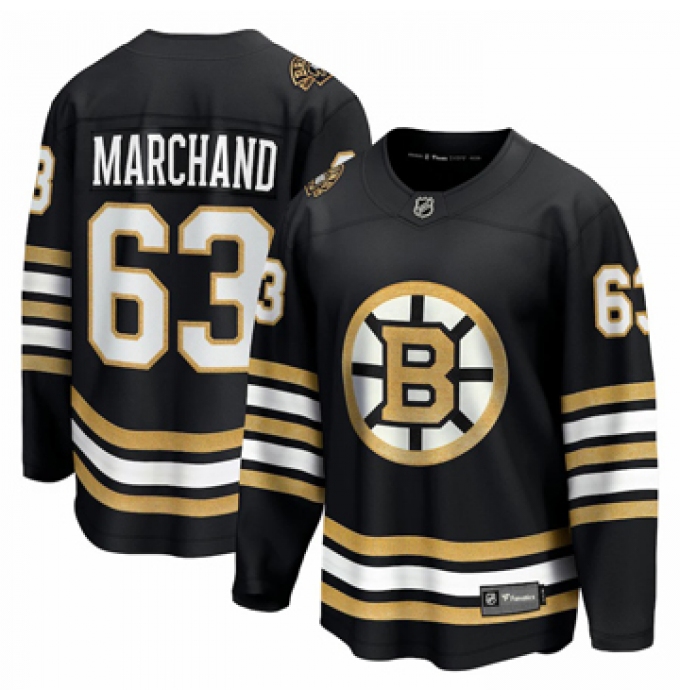 Men's Boston Bruins #63 Brad Marchand Fanatics Branded Black 100th Anniversary Premier Breakaway Player Jersey