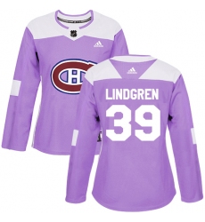 Women's Adidas Montreal Canadiens #39 Charlie Lindgren Authentic Purple Fights Cancer Practice NHL Jersey