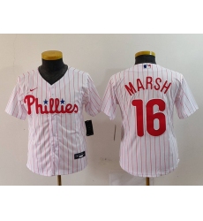 Youth Philadelphia Phillies #16 Brandon Marsh White Pinstripe Stitched Cool Base Jersey