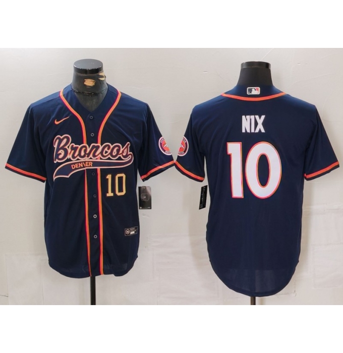 Men's Denver Broncos #10 Bo Nix Number Navy Cool Base Stitched Baseball Jersey