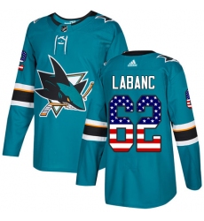 Men's Adidas San Jose Sharks #62 Kevin Labanc Authentic Teal Green USA Flag Fashion NHL Jersey