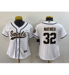 Women's New Orleans Saints #32 Tyrann Mathieu White With Patch Cool Base Stitched Baseball Jersey