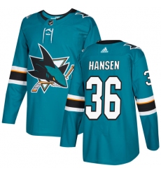 Men's Adidas San Jose Sharks #36 Jannik Hansen Premier Teal Green Home NHL Jersey