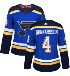 Women's Adidas St. Louis Blues #4 Carl Gunnarsson Authentic Royal Blue Home NHL Jersey