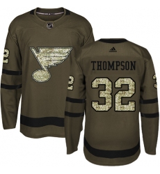 Men's Adidas St. Louis Blues #32 Tage Thompson Premier Green Salute to Service NHL Jersey