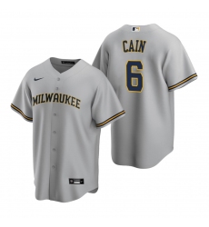 Men's Nike Milwaukee Brewers #6 Lorenzo Cain Gray Road Stitched Baseball Jersey