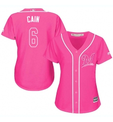 Women's Majestic Milwaukee Brewers #6 Lorenzo Cain Replica Pink Fashion Cool Base MLB Jersey