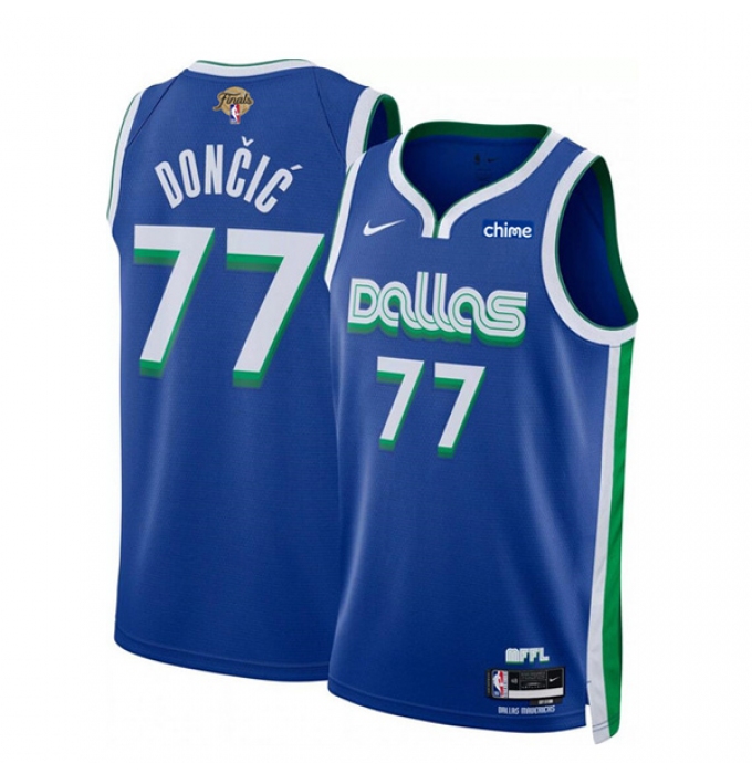 Men's Dallas Mavericks #77 Luka Doncic Blue 2024 Finals City Edition Stitched Basketball Jersey