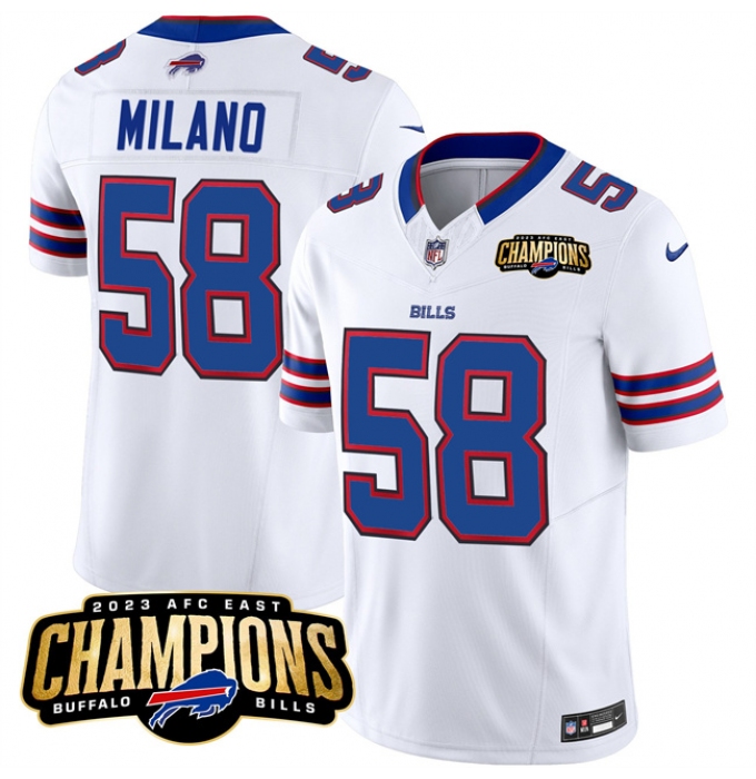 Men's Buffalo Bills #58 Matt Milano White 2023 F.U.S.E. AFC East Champions Football Stitched Jersey