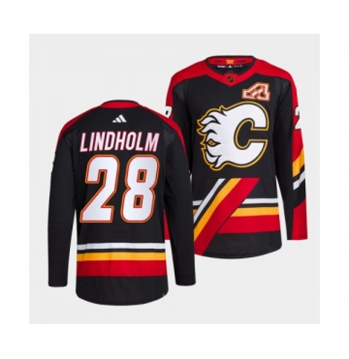 Men's Calgary Flames #28 Elias Lindholm Black 2022-23 Reverse Retro Stitched Jersey