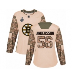 Women's Boston Bruins #56 Axel Andersson Authentic Camo Veterans Day Practice 2019 Stanley Cup Final Bound Hockey Jersey