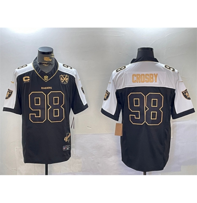 Men's Las Vegas Raiders #98 Maxx Crosby Black Golith Nevada Silver Stat And 65th Annived F.U.S.E. Wrsary 4-Star C Limited Stitched Football Jersey