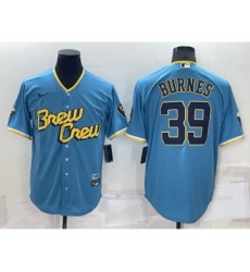 Men's Milwaukee Brewers #39 Corbin Burnes Blue 2022 City Connect Cool Base Stitched Jersey