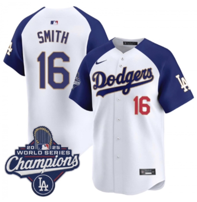 Men's Los Angeles Dodgers #16 Will Smith White Blue 2025 Champions Stitched Baseball Jersey