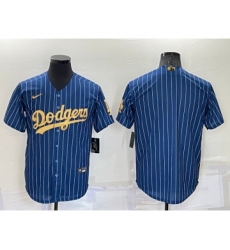 Men's Los Angeles Dodgers Blank Navy Blue Gold Pinstripe Stitched MLB Cool Base Nike Jersey