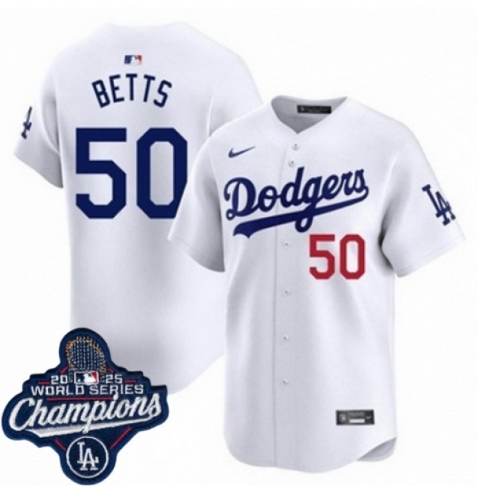 Men's Los Angeles Dodgers 50 Mookie Betts Cool Base 2025 World Champions Stitched Baseball Jersey White