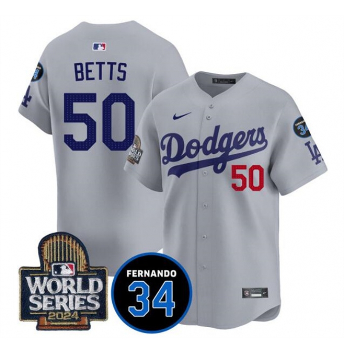 Men's Los Angeles Dodgers #50 Mookie Betts Grey 2024 World Series With Fernando Memorial Limited Stitched Baseball Jersey