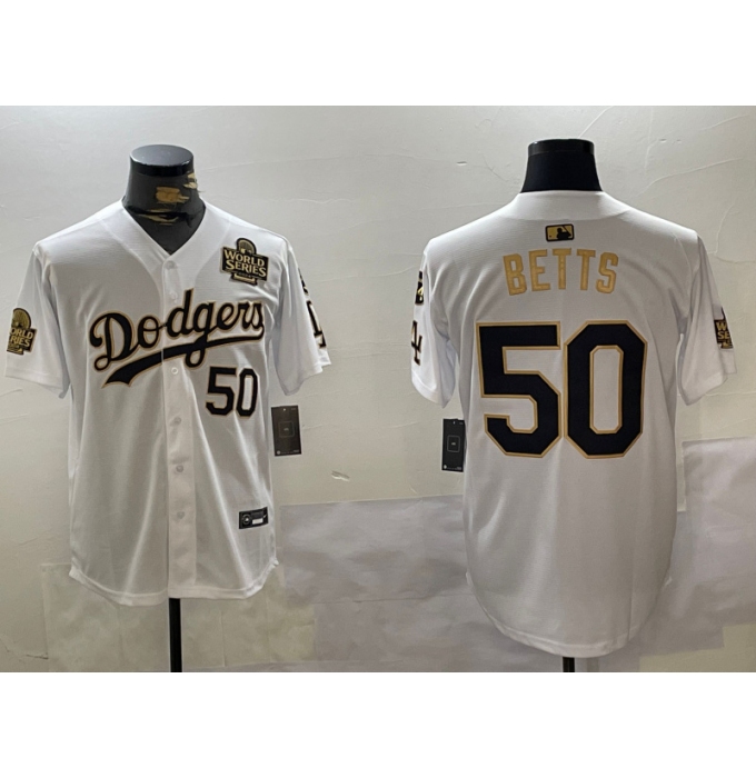 Men's Los Angeles Dodgers #50 Mookie Betts White Gold 2024 World Series With Fernando Memorial Limited Stitched Baseball Jerseys