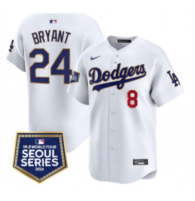 Men's Los Angeles Dodgers Front #8 Back #24 Kobe Bryant White 2024 World Tour Seoul Series Home Limited Stitched Baseball Jersey