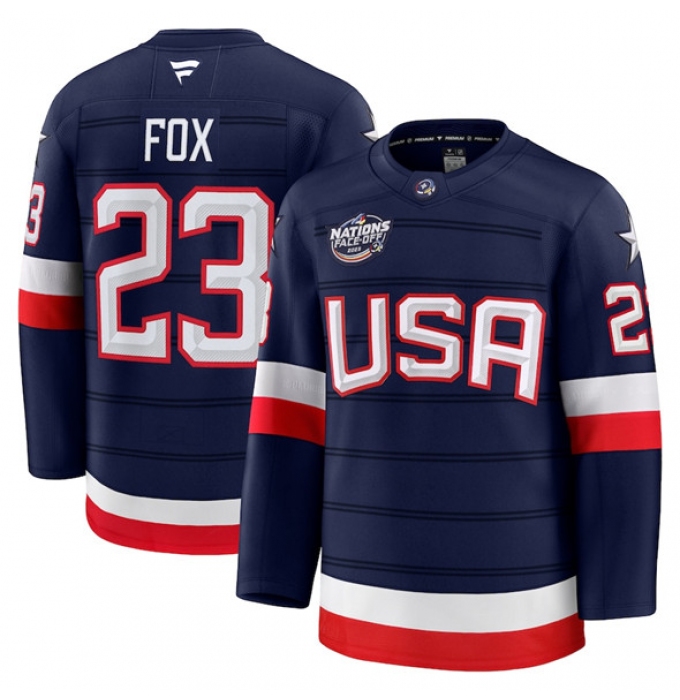 Men's USA #23 Adam Fox Navy 2025 4 Nations Face-Off Stitched Jersey