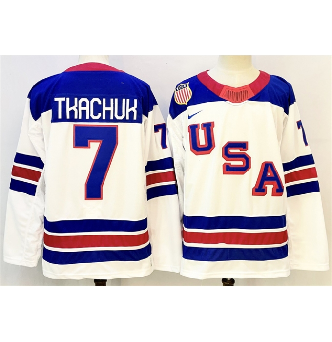Men's USA #7 Brady Tkachuk White 2025-2026 Stitched Jersey