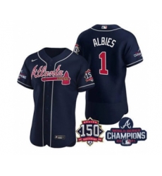 Men's Atlanta Braves #1 Ozzie Albies 2021 Navy World Series Champions With 150th Anniversary Flex Base Stitched Jersey