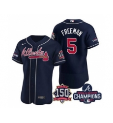 Men's Atlanta Braves #5 Freddie Freeman 2021 Navy World Series Champions With 150th Anniversary Flex Base Stitched Jersey