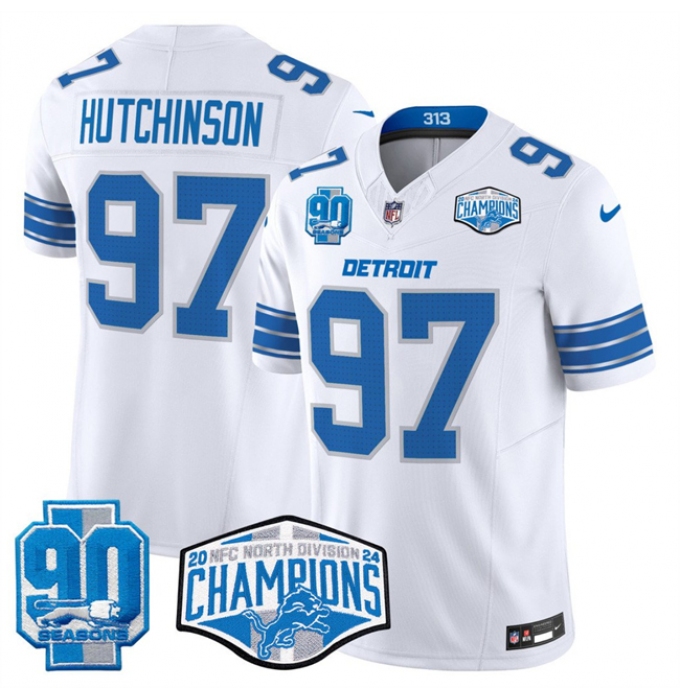 Men's Detroit Lions #97 Aidan Hutchinson White 2024 NFC North Champions 90th Anniversary F.U.S.E. Vapor Limited Stitched Jersey