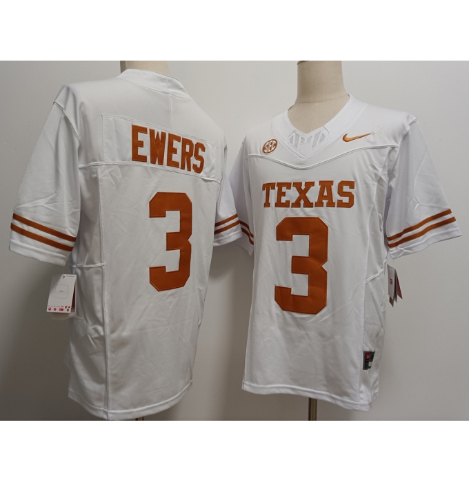 Men's Texas Longhorns #3 Quinn Ewers White FUSE Stitched Jersey