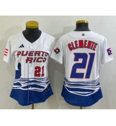 Womens Puerto Rico Baseball #21 Roberto Clemente Number 2023 White World Classic Stitched Jersey