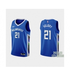 Men's Milwaukee Bucks #21 Jrue Holiday 2022-23 City Edition Blue Stitched Basketball Jersey